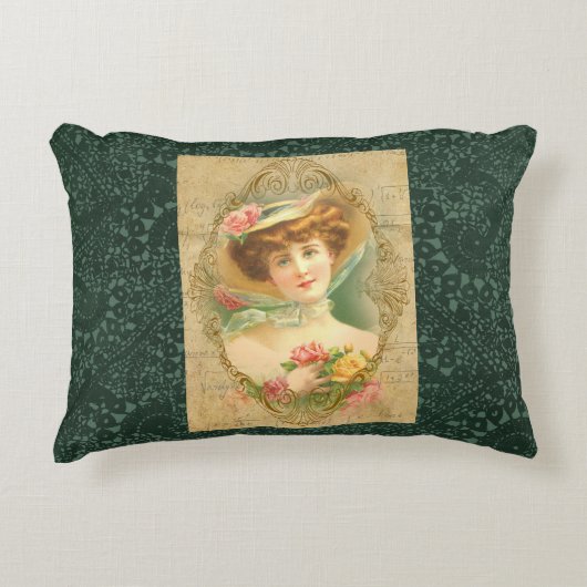 ヴィンテージレディフローラハットグリーンフェイククロシェ アクセントクッション (正面)