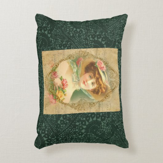 ヴィンテージレディフローラハットグリーンフェイククロシェ アクセントクッション (正面(垂直))