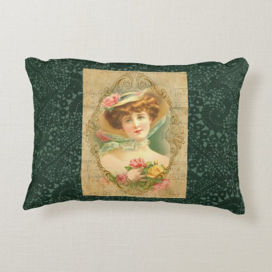ヴィンテージレディフローラハットグリーンフェイククロシェ アクセントクッション (裏面)