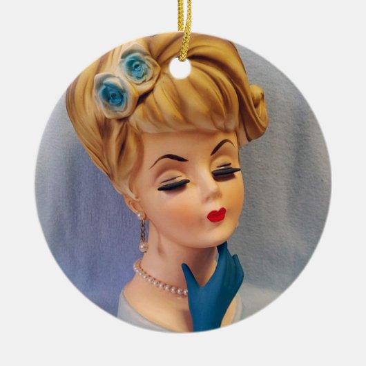 ヴィンテージレディヘッド花瓶ブルーバラと手袋を持った手 セラミックオーナメント (正面)