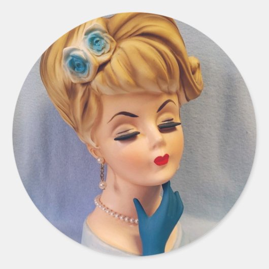 ヴィンテージレディヘッド花瓶ブルーバラと手袋を持った手 ラウンドシール (正面)