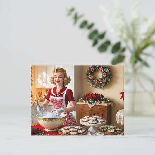 ヴィンテージレディベーキングクリスマスCookie シーズンポストカード (スタンド正面)