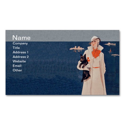 ヴィンテージレディホワイトスーツスコティテリアドッグ海 マグネット名刺 (正面)