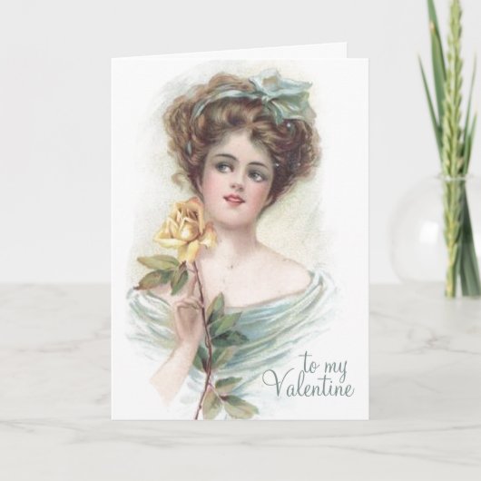 ヴィンテージレディーイエローローズバレンタインロマンチック シーズンカード (正面)