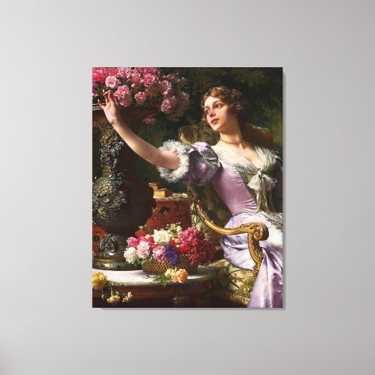 ヴィンテージレディーインピンク薄紫ドレス&レッドローズ キャンバスプリント (正面)