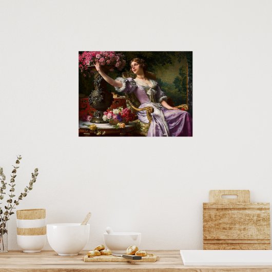 ヴィンテージレディーインピンク薄紫ドレス&レッドローズ ポスター (キッチン)