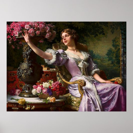 ヴィンテージレディーインピンク薄紫ドレス&レッドローズ ポスター (正面)