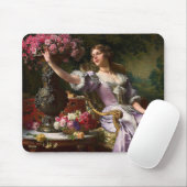 ヴィンテージレディーインピンク薄紫ドレス&レッドローズ マウスパッド (マウス)
