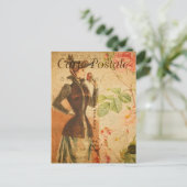 ヴィンテージレディーウーマンウィズレッドローズフランスのフローラ ポストカード (スタンド正面)