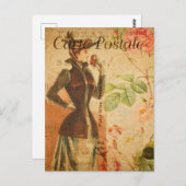 ヴィンテージレディーウーマンウィズレッドローズフランスのフローラ ポストカード (正面/裏面)