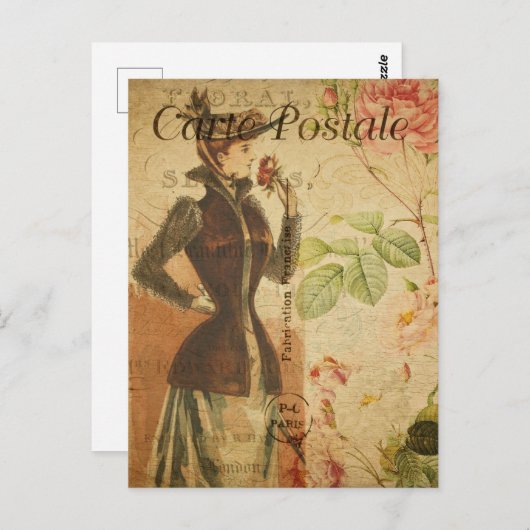 ヴィンテージレディーウーマンウィズレッドローズフランスのフローラ ポストカード (正面/裏面)