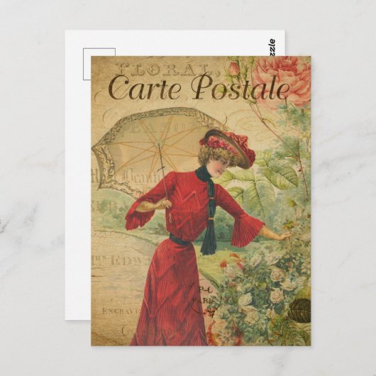 ヴィンテージレディーウーマンファッション傘フランスの付 ポストカード (正面/裏面)