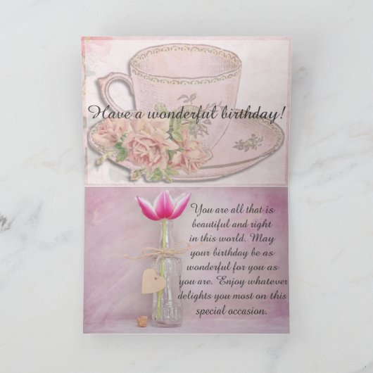 ヴィンテージレディーオンピンク背景誕生日の願い カード (内部)