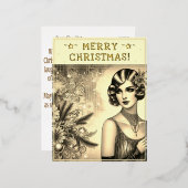 ヴィンテージレディークリスマステーマグリーティングレトロ写真 箔シーズンポストカード (正面/裏面)