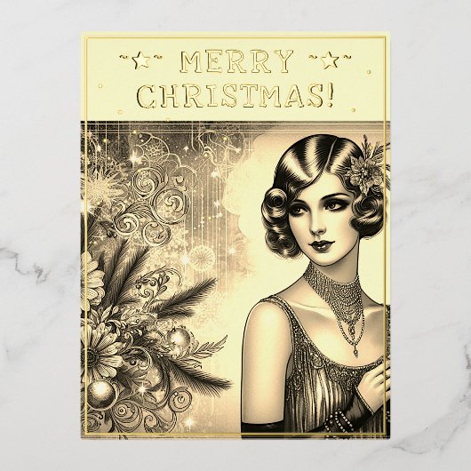 ヴィンテージレディークリスマステーマグリーティングレトロ写真 箔シーズンポストカード (正面)