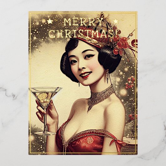 ヴィンテージレディークリスマステーマグリーティングレトロ写真 箔シーズンポストカード (正面)