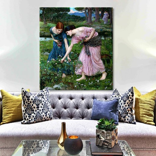 ヴィンテージレディースがピンクのバラの花を摘む キャンバスプリント