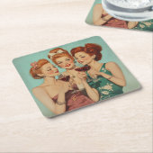 ヴィンテージレディースとワイン スクエアペーパーコースター (アングル)