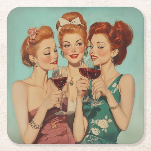 ヴィンテージレディースとワイン スクエアペーパーコースター (正面)
