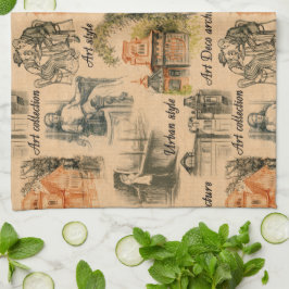 ヴィンテージレディースインザシティペンシルスケッチ キッチンタオル