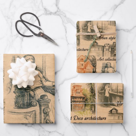 ヴィンテージレディースインザシティペンシルスケッチ ラッピングペーパーシート (正面)