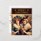 ヴィンテージレディースクリスマステーマグリーティングレトロ写真 箔シーズンポストカード (正面/裏面)