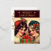 ヴィンテージレディースクリスマステーマグリーティングレトロ写真 箔シーズンポストカード (正面/裏面)
