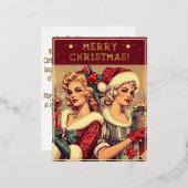 ヴィンテージレディースクリスマステーマグリーティングレトロ写真 箔シーズンポストカード (正面/裏面)