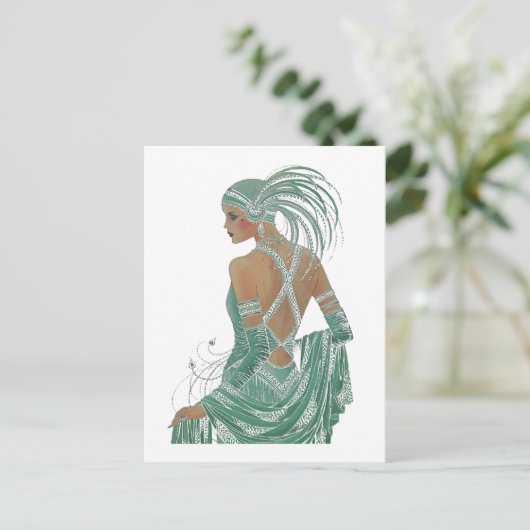 ヴィンテージレディースゴーググリーンアートプリント ポストカード (スタンド正面)