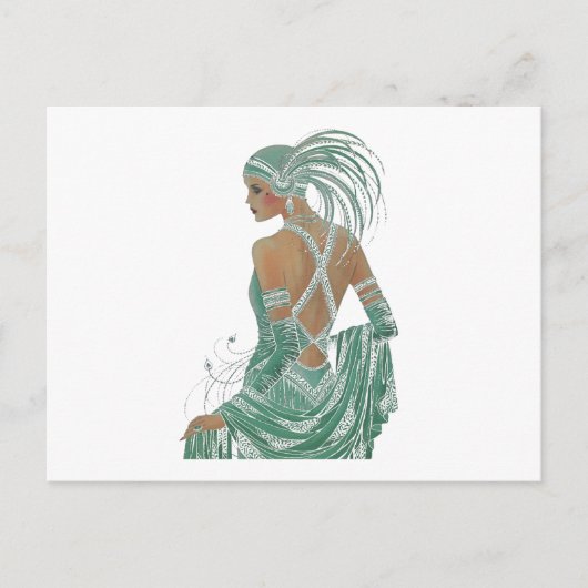 ヴィンテージレディースゴーググリーンアートプリント ポストカード (正面)