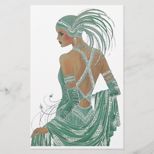 ヴィンテージレディースゴーググリーンアートプリント 便箋 (正面)