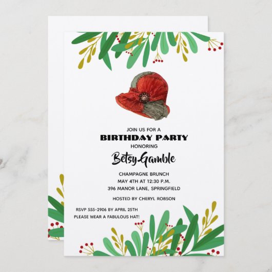 ヴィンテージレディーズハット誕生日パーティー 招待状 (正面/裏面)