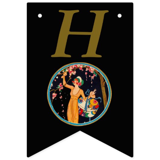 ヴィンテージレディーピックピンクのさくらんぼ咲き黒 バンティングフラッグ (第1の旗)