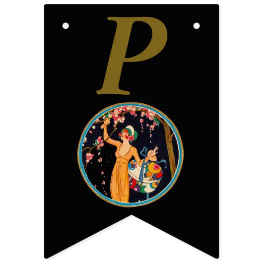 ヴィンテージレディーピックピンクのさくらんぼ咲き黒 バンティングフラッグ (第3の旗)