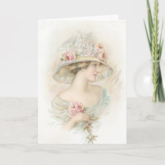 ヴィンテージレディーピンクローズバレンタインポーブリデーカード シーズンカード (正面)