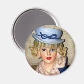 ヴィンテージレディーヘッド花瓶ブルーハットファーカラー マグネット (正面/裏面)