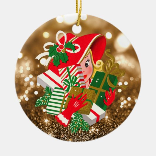 ヴィンテージレディーホールクリスマスプレゼント金ゴールド《写真》ぼけ味 セラミックオーナメント (正面)