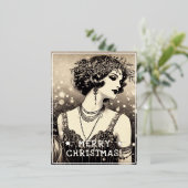 ヴィンテージレディーメリークリスマスグリーティングレトロ写真 箔シーズンポストカード (立ち正面)