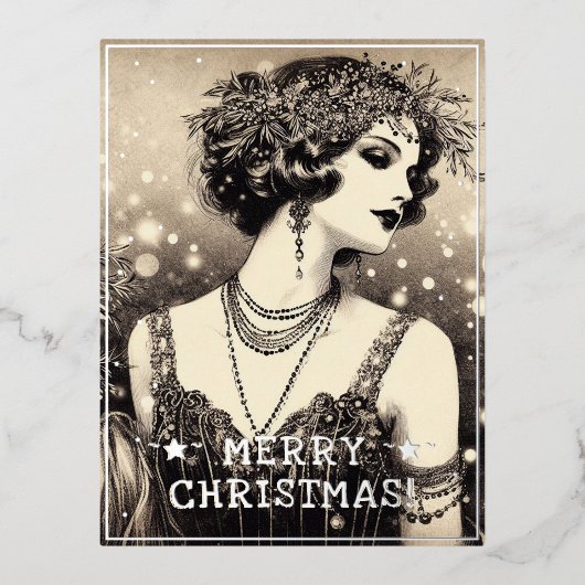 ヴィンテージレディーメリークリスマスグリーティングレトロ写真 箔シーズンポストカード (正面)