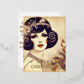ヴィンテージレディーメリークリスマスグリーティングレトロ写真 箔シーズンポストカード (正面/裏面)