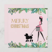 ヴィンテージレディ歩くブラックプードルメリークリスマス シーズンカード (正面/裏面)
