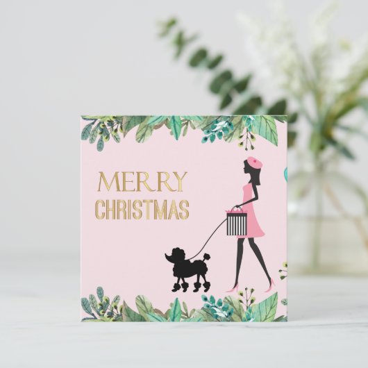 ヴィンテージレディ歩くブラックプードルメリークリスマス シーズンカード (スタンド正面)
