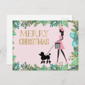 ヴィンテージレディ歩くブラックプードルメリークリスマス ポストカード (正面/裏面)