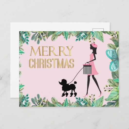 ヴィンテージレディ歩くブラックプードルメリークリスマス ポストカード (正面/裏面)
