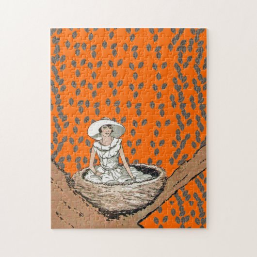 ヴィンテージレディ・イン・ホワイト・バードネスト葉 ジグソーパズル (縦)