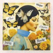 ヴィンテージレディ、蝶、花とインスパイアの ガラスコースター (正面)