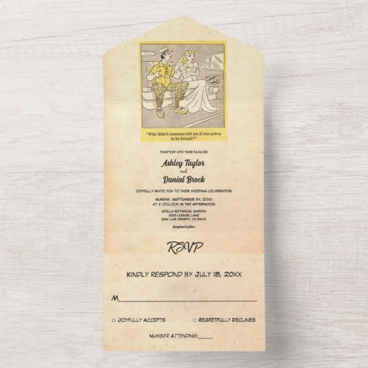 ヴィンテージレトロおもしろいオールド素朴カップル結婚ズ オールインワン招待状 (内側)