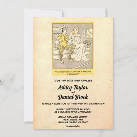 ヴィンテージレトロおもしろいオールド素朴カップル結婚ズ 招待状 (正面)