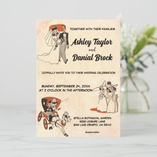 ヴィンテージレトロおもしろい旧50年代の漫画をテーマにした結婚もの 招待状 (スタンド正面)