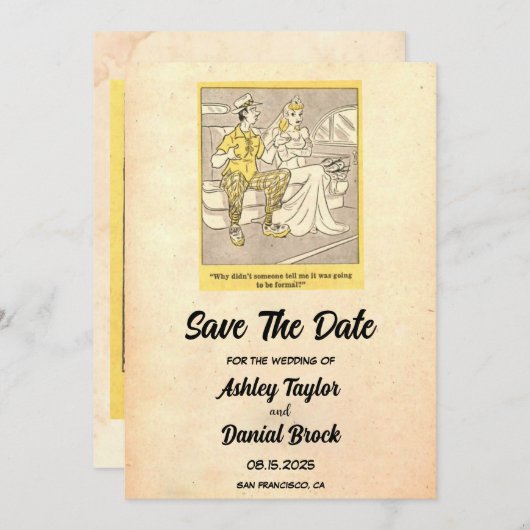 ヴィンテージレトロおもしろい皮肉ウェディング日付を保存 招待状 (正面/裏面)